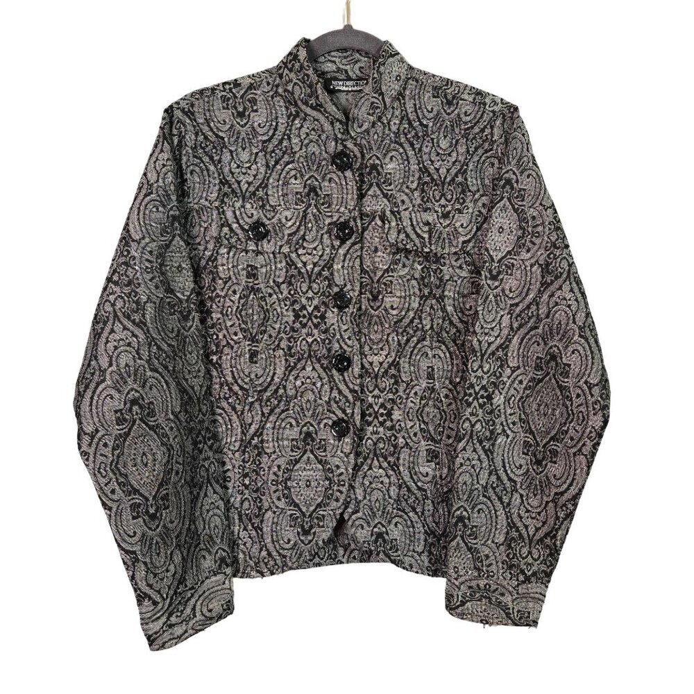 Vintage L Tapestry Maximalist Art to Wear Beaded Black Silver Shirt Jacket
